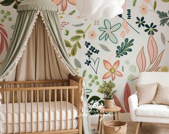 Giant Leaves & Flowers Mural: Botanical Nursery Decor, Boho Mural, Silly Goose, Farm Decor