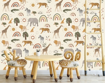 Safari nursery Boho style Vintage Nursery wallpaper Farmhouse Baby Room Watercolor Nursery wallpaper Decor mural Cling Baby Elephant Giraffe