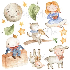 May include: Watercolor illustration of a whimsical scene with a moon, stars, a cat playing a violin, a little person wearing a crown and a suit, a girl in a blue dress, a lamb, and a deer. The illustration is perfect for a nursery or children's room.