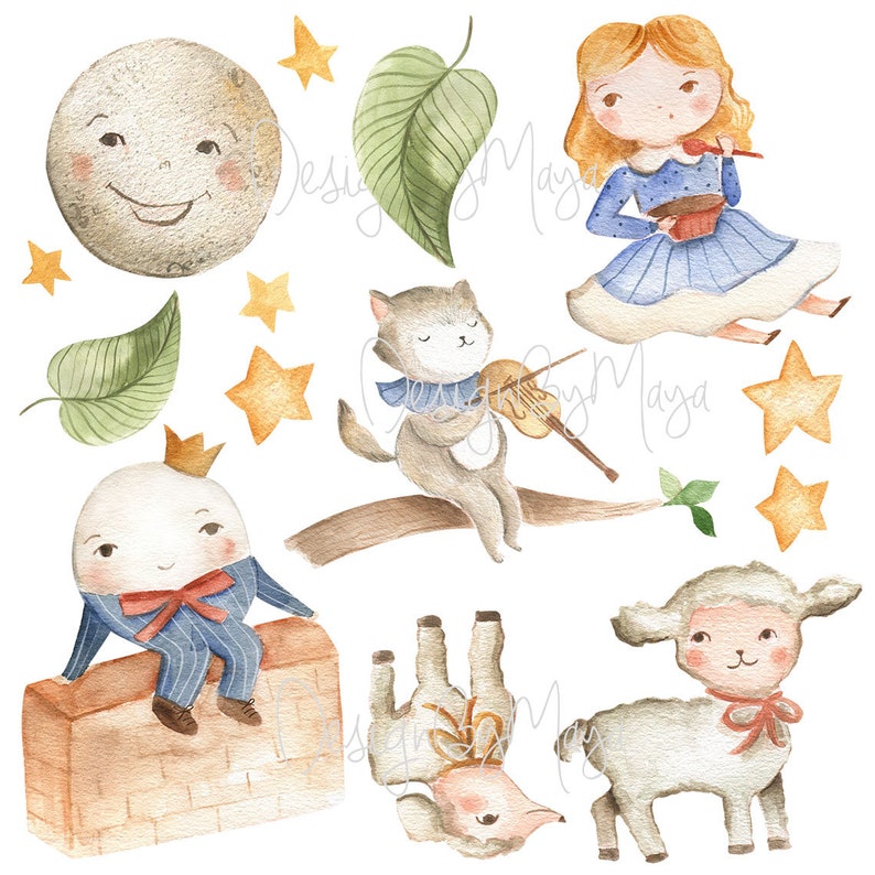 May include: Watercolor illustration of a whimsical scene with a moon, stars, a cat playing a violin, a little person wearing a crown and a suit, a girl in a blue dress, a lamb, and a deer. The illustration is perfect for a nursery or children's room.