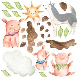 May include: Watercolor illustration of a sun, a wolf, three pigs, and mud. The sun is yellow with a smiling face. The wolf is gray and white with blue eyes. The pigs are pink with red, blue, and green scarves. The mud is brown.