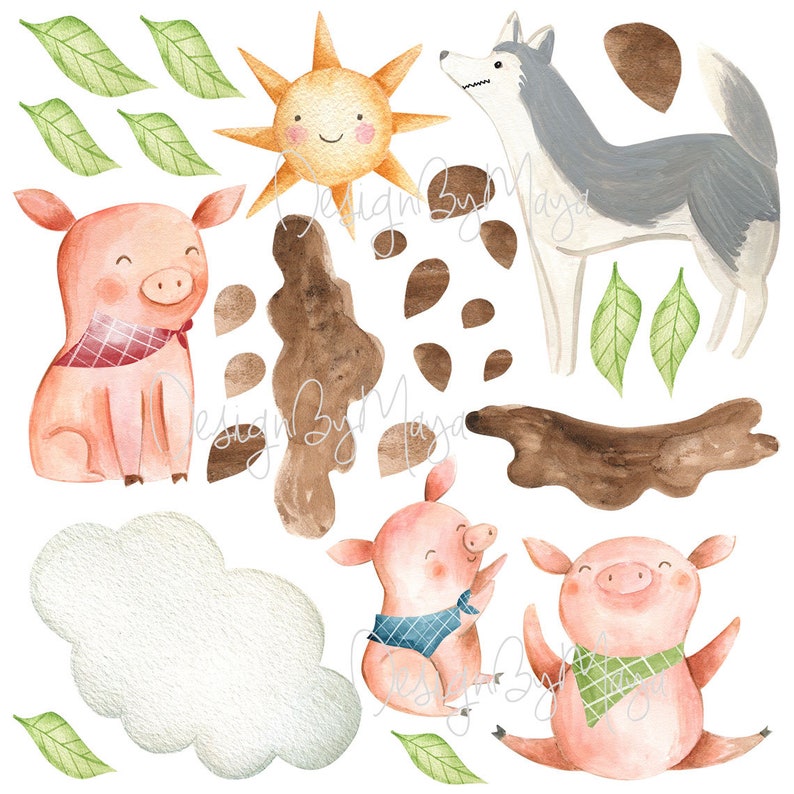 May include: Watercolor illustration of a sun, a wolf, three pigs, and mud. The sun is yellow with a smiling face. The wolf is gray and white with blue eyes. The pigs are pink with red, blue, and green scarves. The mud is brown.