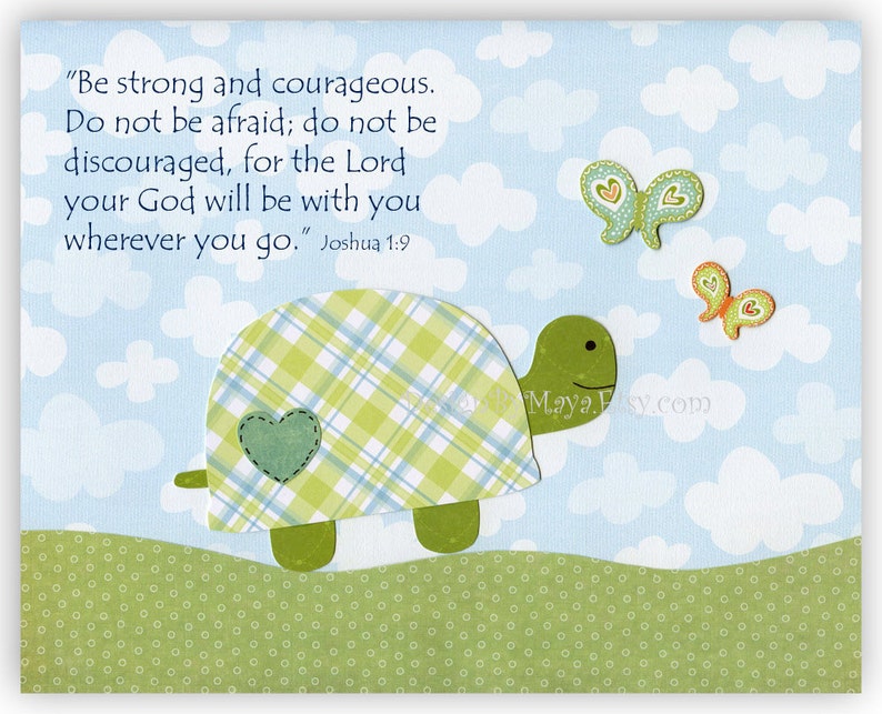 Baby room Nursery Decor Children Art owl...The gingham turtle boy Be strong and courageous. Do not be afraid ....God will be with you... image 1