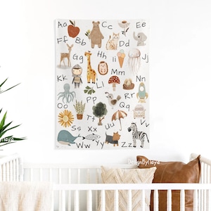 Alphabet Kinderzimmer Wandteppich, Weltkarte, Kinderzimmer Dekor, Kinderzimmer Dekor, Kinderzimmer Wandteppich, bedruckter Wandteppich, Spielzimmer Weltkarte Tiere Kunst