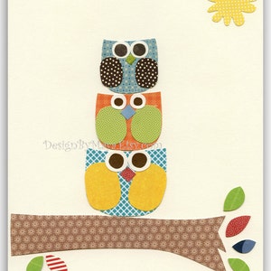 Baby boy nursery decor, Nursery wall art print, Owls ...Larghe Medium Small green blue red orange image 1