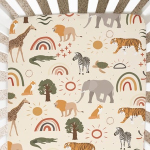 Safari Zoo Krippe Bettwäsche Boho Minky Bettwäsche Dschungel Kinderbett Bettwäsche personalisierte Giraffe Affe Elefant Löwe Schildkröte Zebra Regenbogen Savannah Bettwäsche
