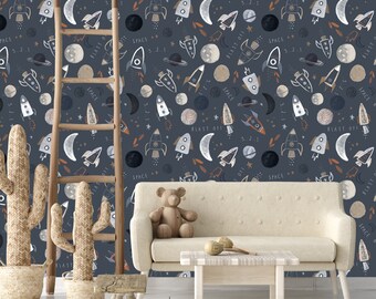 Space wallpaper, Baby Room Nursery space wallpaper, Outer space Decor mural Cling Baby Wallpaper, Rocket ship Planet Earth Spaceship decor