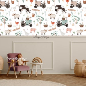 Farm animals wallpaper, Boho style Vintage Nursery wallpaper, Farmhouse Baby Room Watercolor Nursery wallpaper Decor mural Cling for Baby