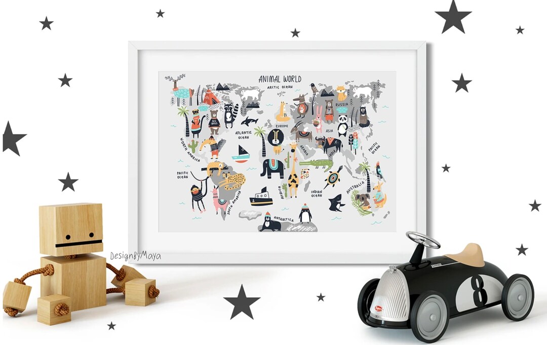 Animal World Map Canvas Print: Kids Nursery Wall Art - Etsy