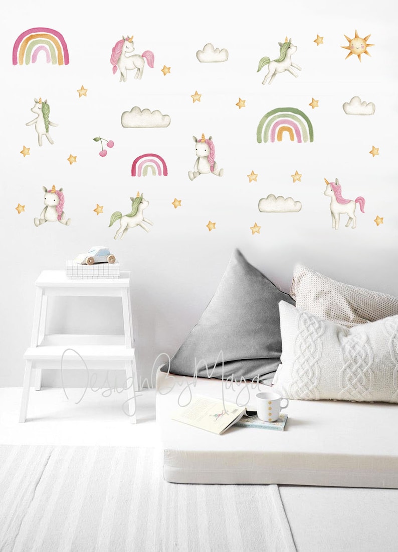 Baby girl nursery Baby Unicorns Watercolor Nursery decals Etsy
