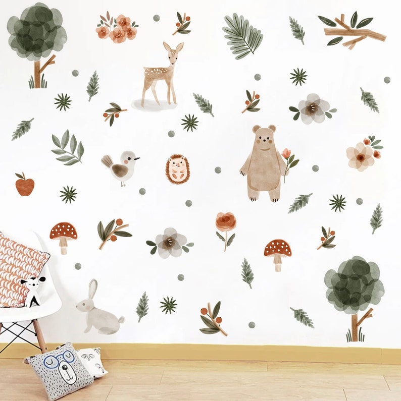 Woodland theme kids room Wall Decals, Fabric Watercolor Room Mural Nursery watercolor Forest Animal Decals Pine trees stickers Baby decor image 4