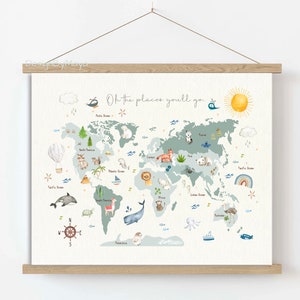 Weltkarte gedruckt auf CANVAS Fine Art, Kinderzimmer Abc Wand Kunst Dekor, Kunstdruck für Kinder, Kinderzimmer, Kinderzimmer Wandkunst, Dekor für Kinderzimmer