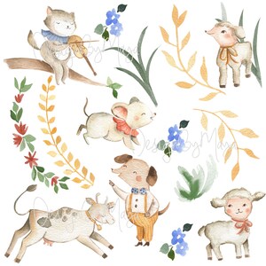 May include: Watercolor illustration of a cat playing a violin, a mouse, a dog wearing a bow tie, a cow, a lamb, and a goat. The animals are surrounded by green leaves, blue flowers, and yellow branches.