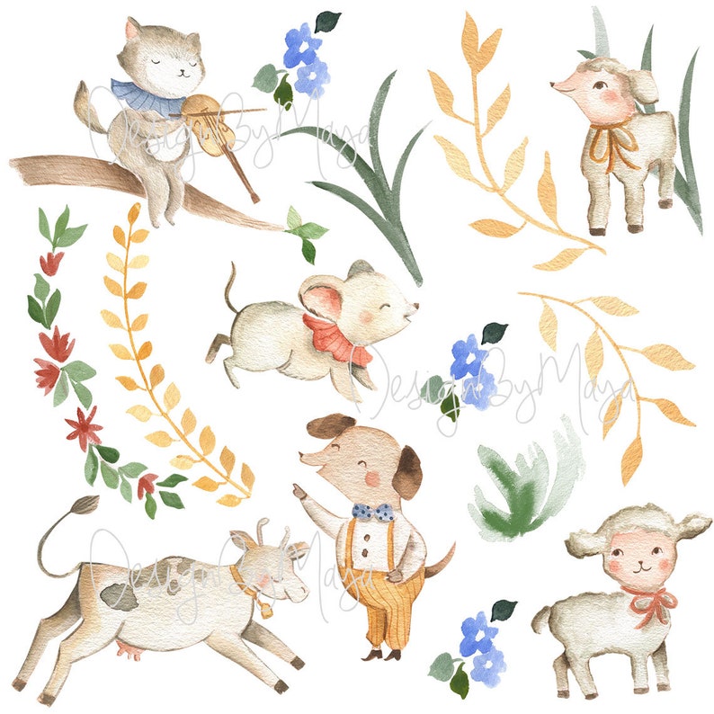 May include: Watercolor illustration of a cat playing a violin, a mouse, a dog wearing a bow tie, a cow, a lamb, and a goat. The animals are surrounded by green leaves, blue flowers, and yellow branches.