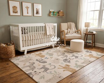 Jungle Animals Kids Rug, Polyester Chenille Nursery Decor