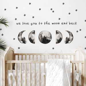 Moon phase decal, Moon and stars, Kids room wall Art, Love to moon Nursery Decal, Cling wall stickers, Sky Moon decal, Abstract House decor