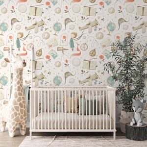Little prince wallpaper, Boho style Vintage Illustration wallpaper, Around the world wallpaper, Nursery Decor mural Cling Airplane Travel