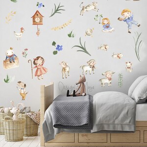 May include: A set of watercolor-style wall decals featuring a whimsical farm scene with animals, children, and plants. The decals are perfect for adding a touch of charm to a child's bedroom or playroom.