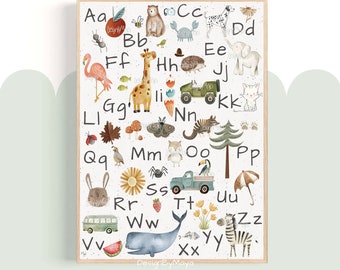 Può includere: Un grafico dell'alfabeto ad acquerello incorniciato con animali e oggetti per ogni lettera. Include una giraffa, un elefante, una zebra e un camion. Lo sfondo è bianco con un motivo maculato. Il testo "DesignByMaya" è in basso.