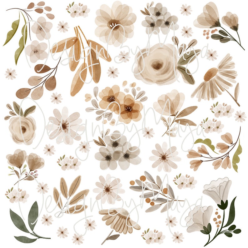 Boho Flowers Wall Stickers Earth Tones and Green Leaves Etsy