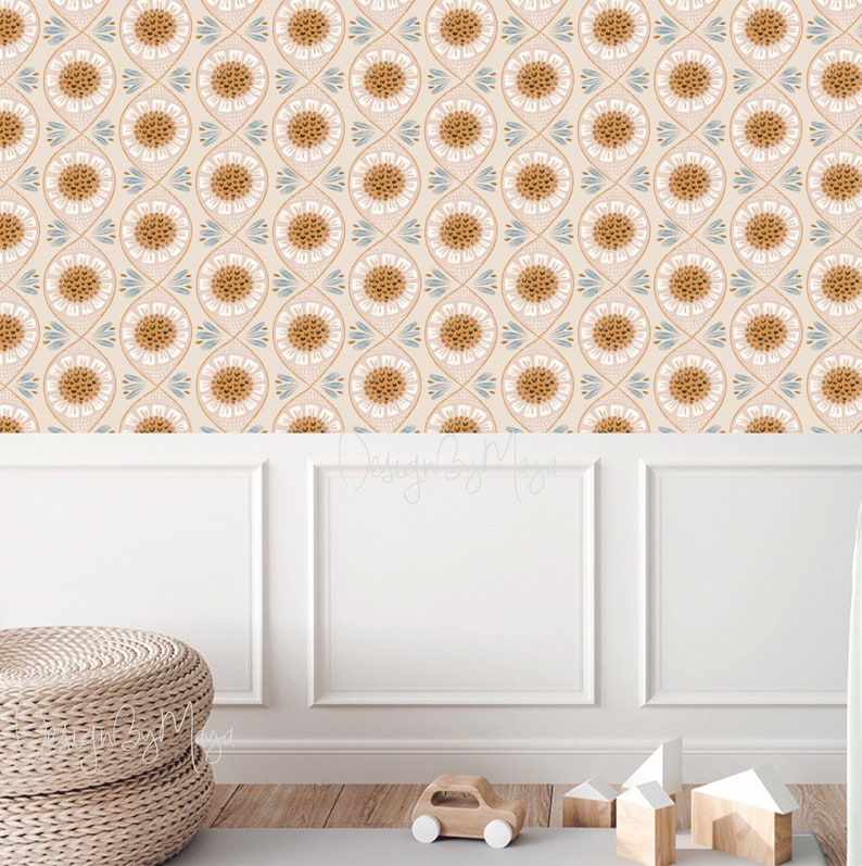 Vintage Nursery Retro Wallpaper Boho Flowers Wall Decor Boho - Etsy