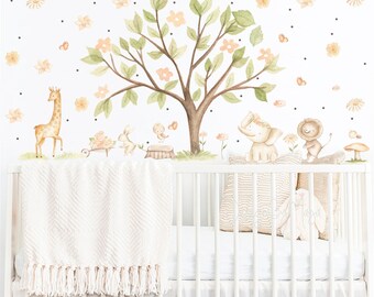 Nursery Forest Animal Wall Decals: Giant Tree, Baby Room Decor