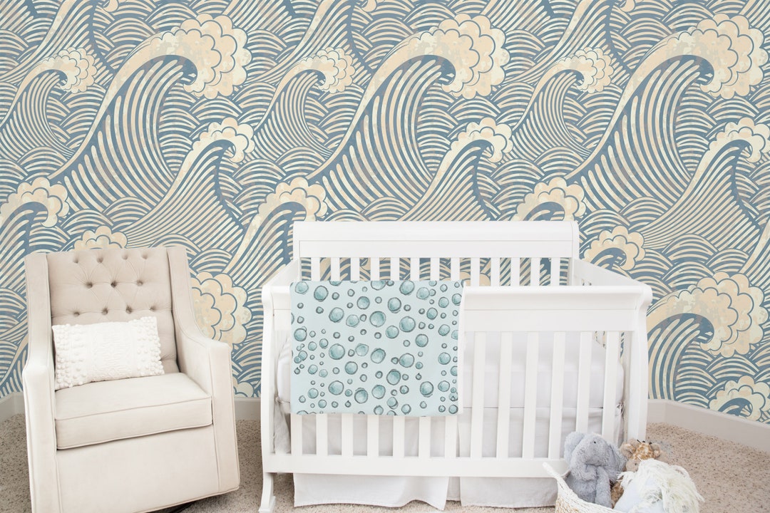Baby Room Watercolor Nursery Wave Wallpaper, Vintage Waves, Boho