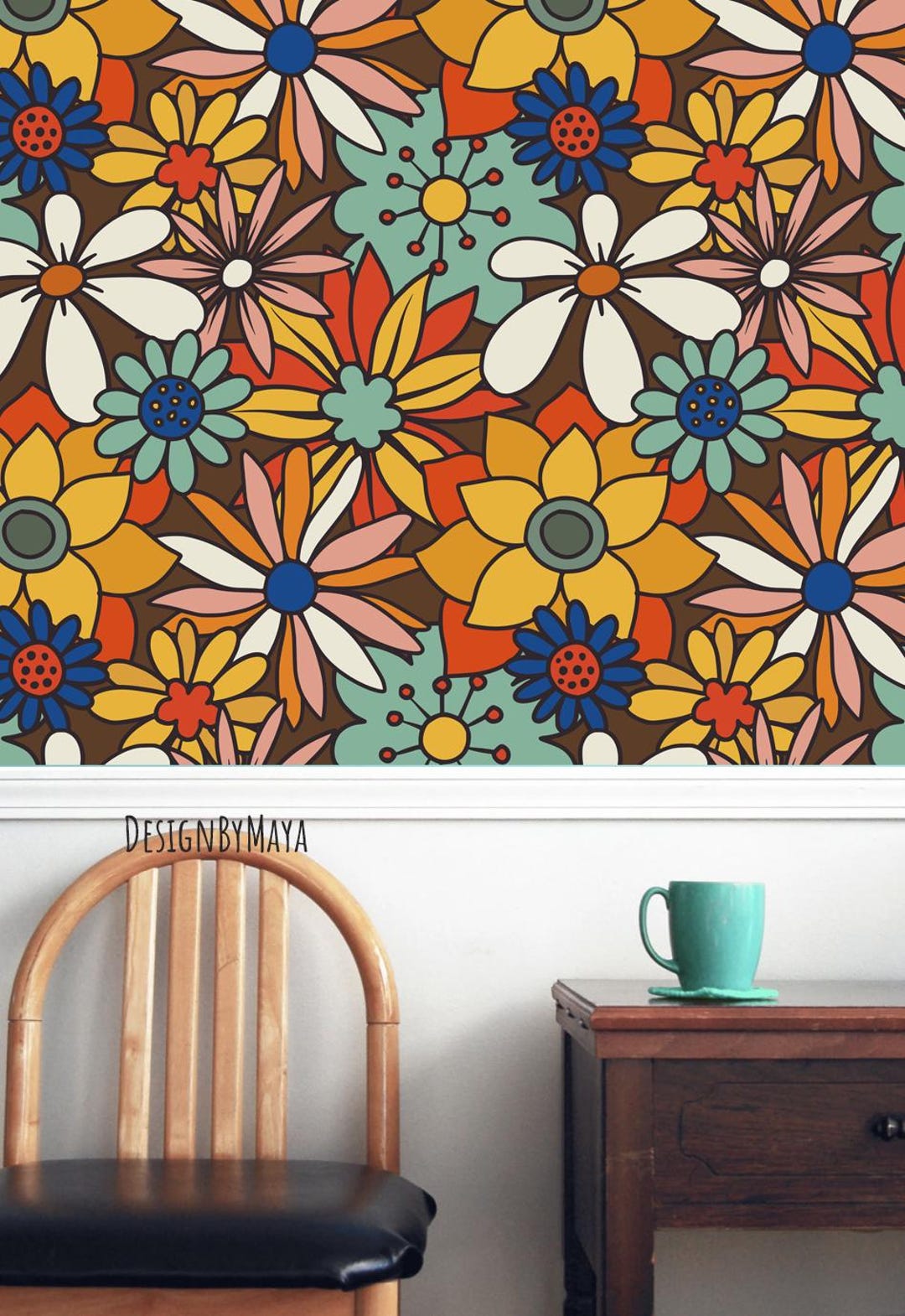 Retro Floral Peel and Stick Wallpaper: Boho Nursery Decor - Etsy