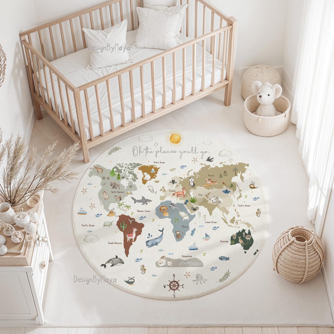 World Map Round Rug: Kids Playroom Decor - Etsy