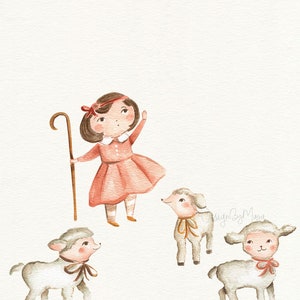 May include: A watercolor illustration of a young girl in a pink dress, holding a shepherd's crook, with three white lambs. The girl is smiling and looking up. The lambs are standing in a row, looking at the girl.
