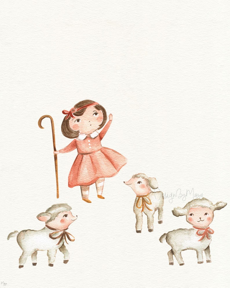 May include: A watercolor illustration of a young girl in a pink dress, holding a shepherd's crook, with three white lambs. The girl is smiling and looking up. The lambs are standing in a row, looking at the girl.