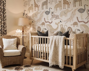 Safari Nursery Wallpaper: Multi Colors Wallpaper, Boho Watercolor Animals, Peel & Stick Mural