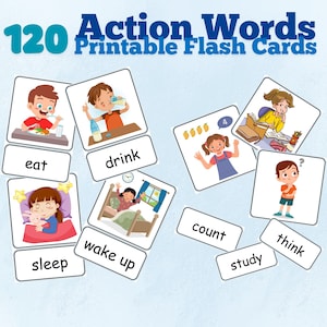 120 Aktionsworte Karteikarten, ESL Aktionsworte Karteikarten, Verben Karte, Aktionsworte, druckbare Aktionsworte Karteikarten für Kinder