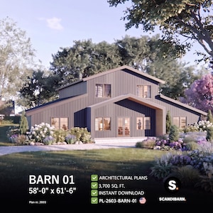 May include: A modern barn design, BARN 01, with dimensions of 17.68m x 18.75m. The image shows a two-story building with a dark grey exterior, surrounded by landscaping. The design includes architectural plans and instant download availability.