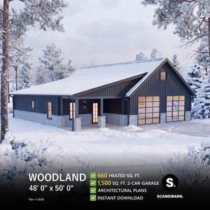 May include: A rendering of a dark grey house with a light grey stone base, a covered porch, and a two-car garage with glass doors. Text reads: WOODLAND, 48' 0" x 50' 0", 660 HEATED SQ. FT., 1,500 SQ. FT. 2-CAR-GARAGE, ARCHITECTURAL PLANS, INSTANT DOWNLOAD.