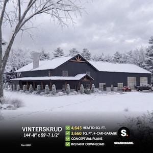 Può includere: Un rendering innevato di una grande casa in stile fienile grigio scuro, con una superficie di 44.1m x 18.2m. L'immagine include il testo "VINTERSKRUD" e dettagli sulla metratura riscaldata, un garage per 4 auto, piani concettuali e download immediato.
