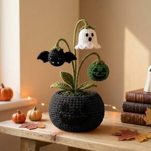 Maceta de Halloween con forma de fantasma y calabaza tejida a crochet, decoración espeluznante de calabaza, maceta con forma de fantasma, decoración de escritorio de Halloween, decoración gótica hecha a mano para el hogar, regalo de Halloween