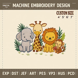 Jungle Safari Baby Animals Embroidery File – Cute Elephant, Giraffe, Lion & Monkey Machine Embroidery Design for Nursery or Baby Gifts