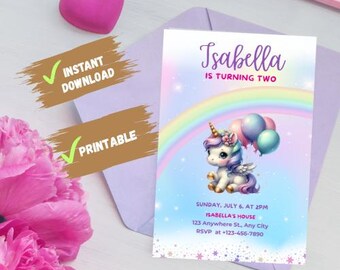 Unicorn Birthday Invitation|Editable Unicorn Invitation|Rainbow Unicorn Invitation| Digital Unicorn invitation|Unicorn Invitation Printable