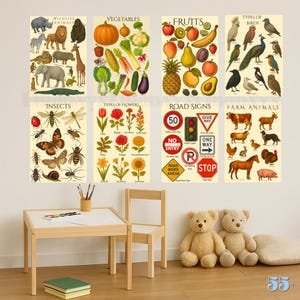 55+ educatieve posters, vintage stijl, flitskaarten en overtrekhulpmiddelen, afdrukbaar klasdecor, bronnen voor thuisonderwijs, retro leerpakket