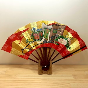 Japanese Folding Fan with Imperial Cart & Flowers – Red and Gold Sensu – Traditional Kimono Pattern – Elegant Oriental Wall Art Gift