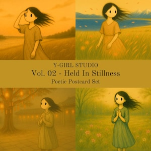 Y-Girl Studion Vol. 02 – « Held in Stillness », jeu de cartes postales poétiques numériques (4 x 300 DPI PNG)