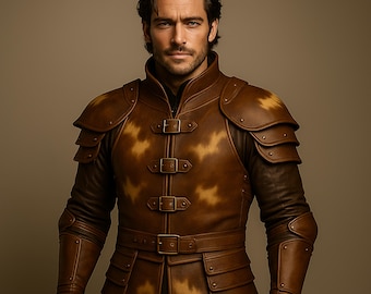 Conjunto de armadura de couro marrom feito à mão: fantasia medieval de cosplay com couro de vaca