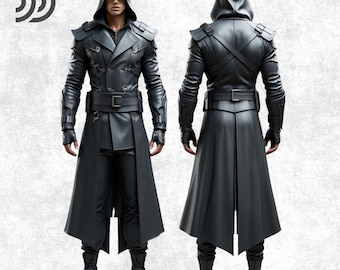 Handmade Black Leather Hooded Trench Coat: Gothic Steampunk Cosplay