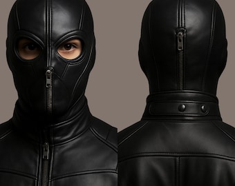Gothic Full‑Head Leather Mask with Front/Back Zipper • Handmade Black Cosplay Hood • Steampunk, Cyberpunk, Halloween & Costume Party Gear