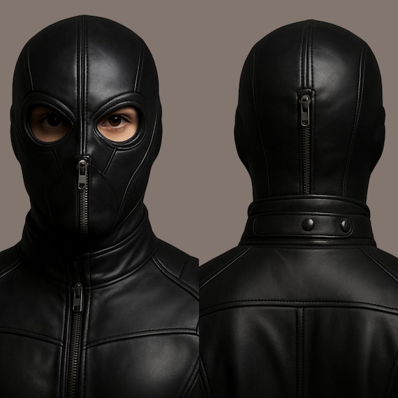 Gothic Full‑Head Leather Mask with Front/Back Zipper • Handmade Black Cosplay Hood • Steampunk, Cyberpunk, Halloween & Costume Party Gear