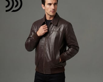 Men's Brown Genuine Leather Bomber Jacket – Classic Zip-Up Vintage Style Coat