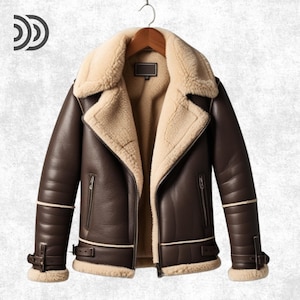 Men’s Brown Shearling Aviator Jacket – Real Sheepskin Leather Bomber, Winter Fur Biker Coat, Handmade