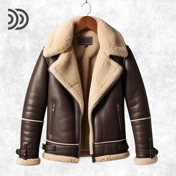 Men’s Brown Shearling Aviator Jacket – Real Sheepskin Leather Bomber, Winter Fur Biker Coat, Handmade