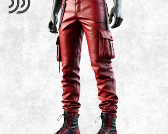 Red Faux Leather Cargo Pants: Biker Streetwear Techwear - Slim Fit